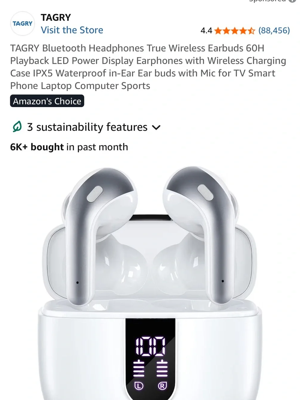 White & Silver True Wireless Bluetooth Earbuds with LED Charging Case